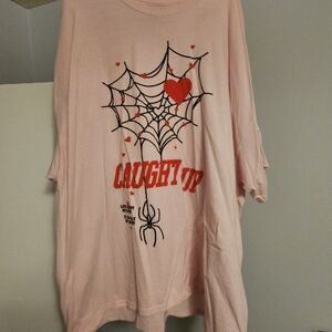 Pink 'Caught Up' Graphic Tee with Red Heart & Spider Web